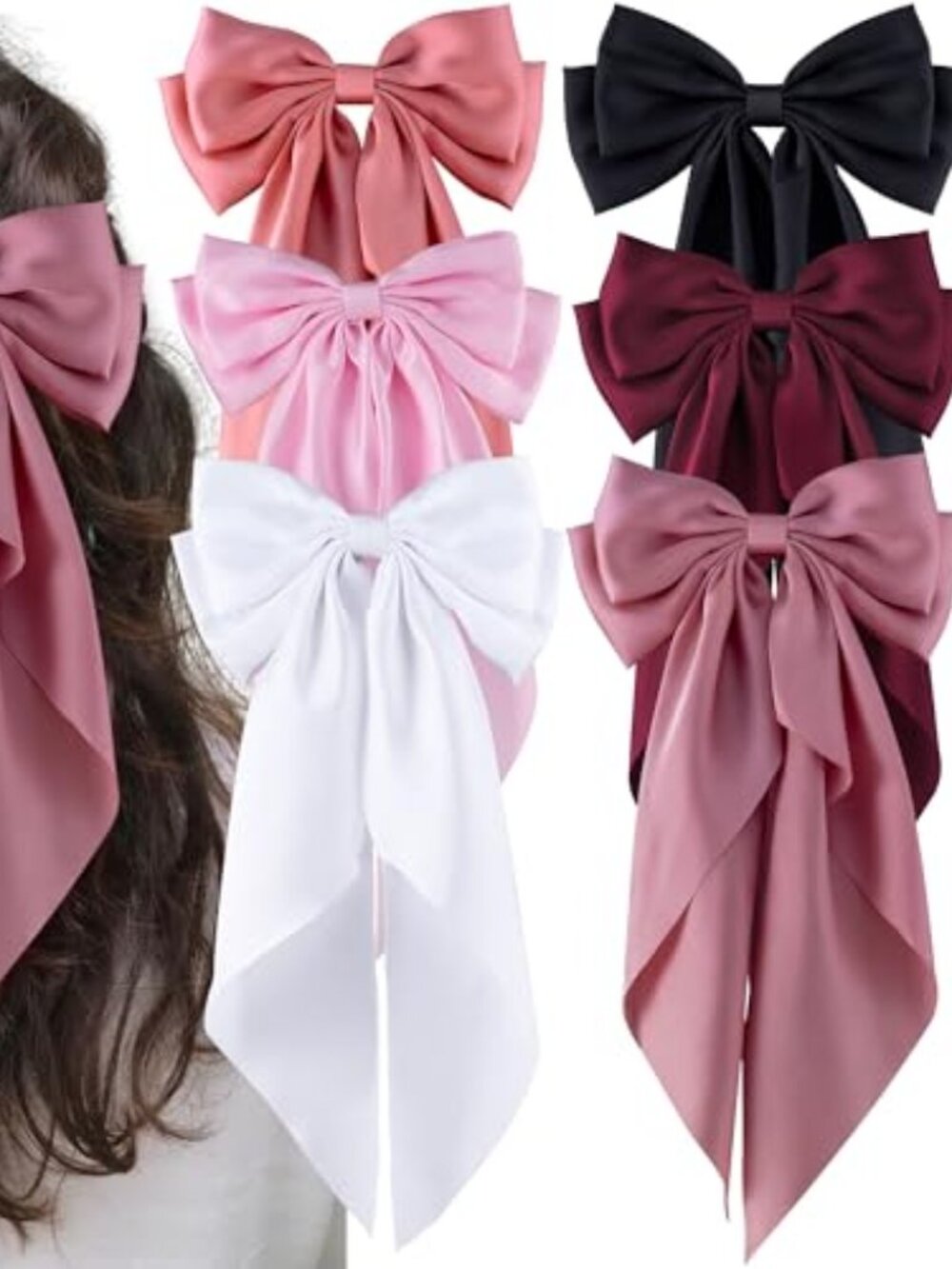 6Pcs Large Bows Hair Clips for Women Girls Long Tail Hair Ribbon Silky Satin‎